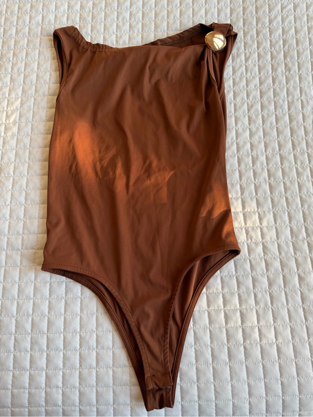 One-Shoulder Brown Bodysuit with Gold Accent
